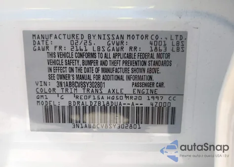 2025 Nissan Sentra Sv из США, поврежденный, VIN 3N1AB8CV8SY302801